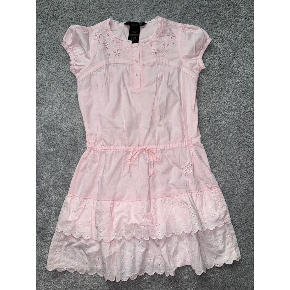 Rocawear Girls Pink Eyelet Tiered Dress Size L 12/14 Cotton Scalloped Hem